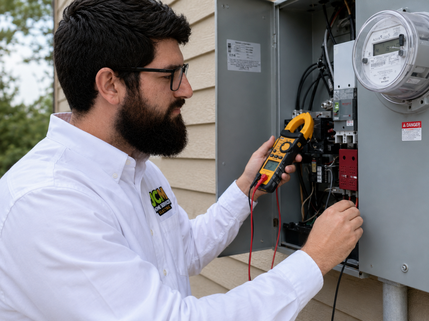 Technician testing an electrical panel with a multimeter beside a large meter gauge