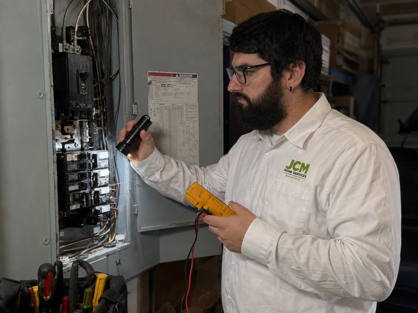 Technician using a multimeter to inspect an open electrical panel indoors.