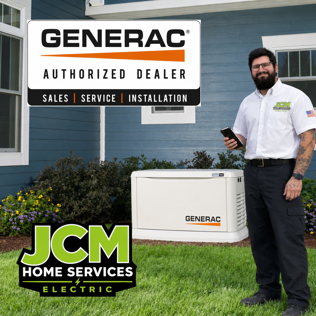 Generac dealer sign beside home standby generator; technician in white shirt stands on lawn holding a phone.