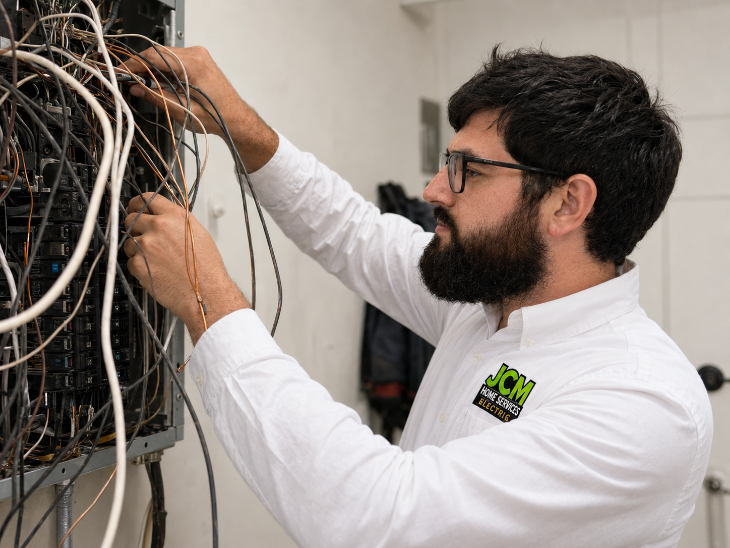Technician organizing tangled network cables in a server room