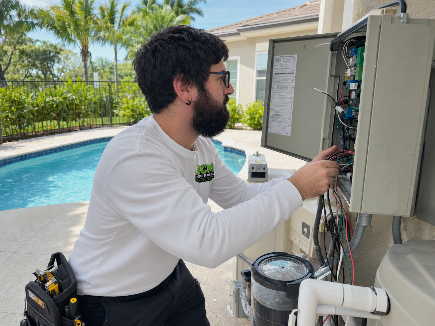 Technician inspecting an open pool equipment control panel beside a backyard pool