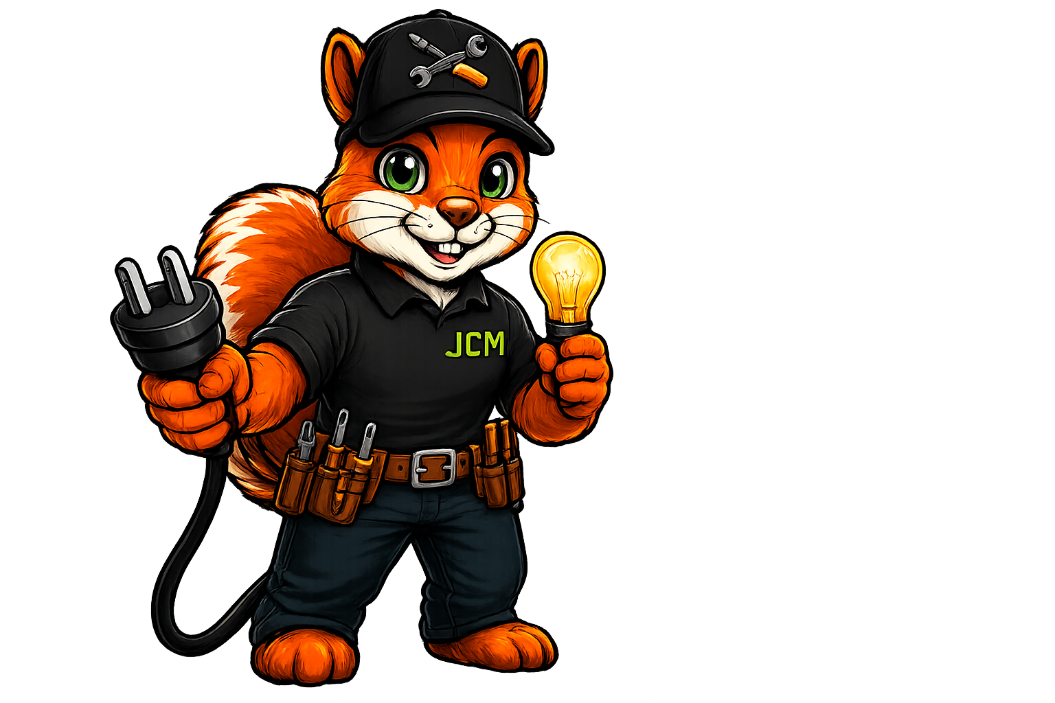 Squirrely the Wirenut, JCM Home Services Electric mascot holding a plug and light bulb