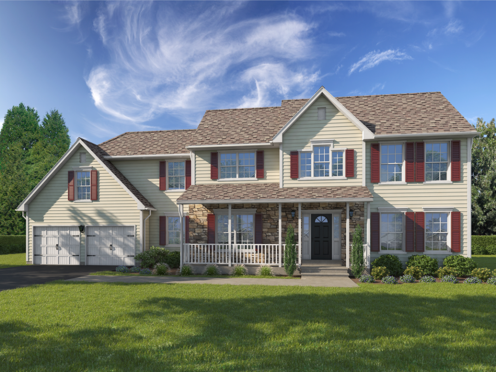 A large white house with red shutters and a large porch.
