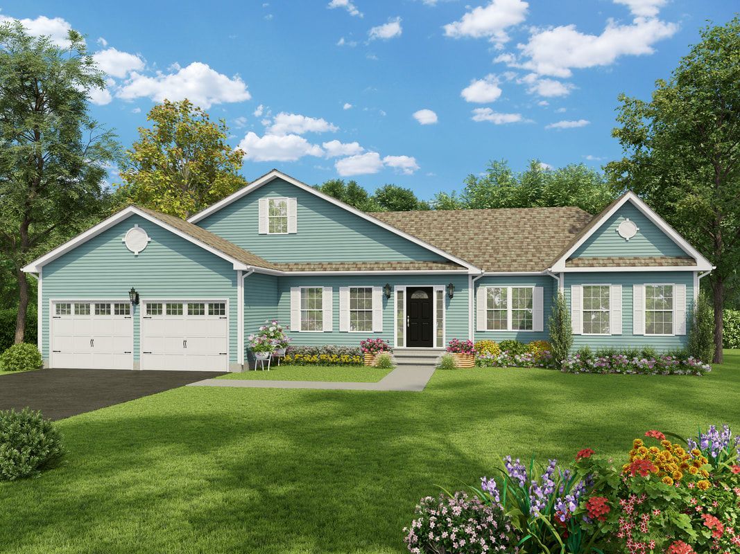 A blue house with white shutters and a brown roof is sitting on top of a lush green lawn.