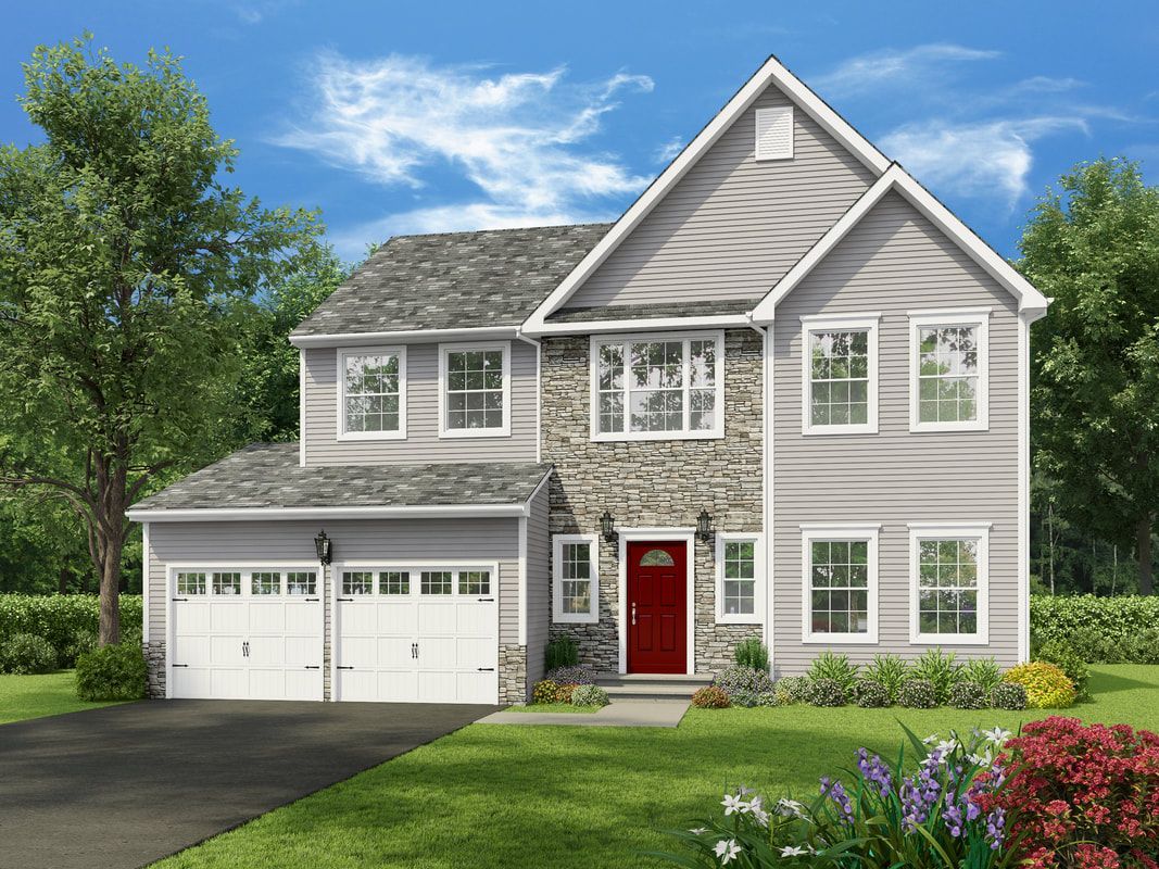 An artist 's impression of a house with a red door and white garage doors.