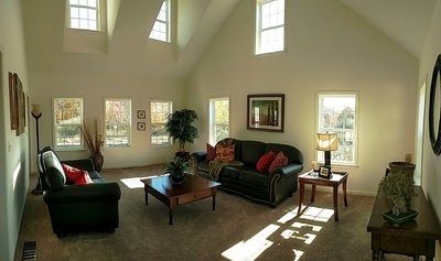 A living room with a vaulted ceiling and a couch and chairs