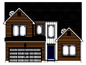 A black and white drawing of a house with a garage and a front elevation.