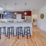 A kitchen with a large island and stools in front of it.