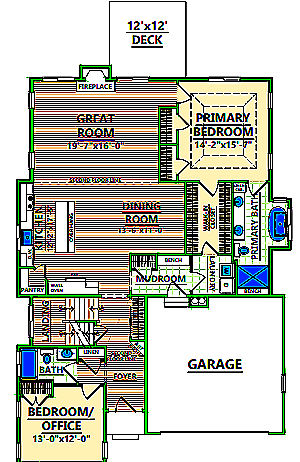 A floor plan of a house with a great room and a master bedroom