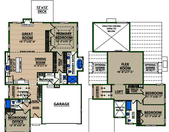 A floor plan of a house with a great room and a master bedroom