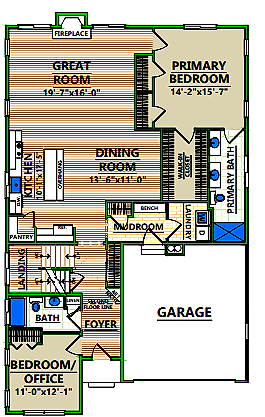 A floor plan of a house with a two car garage