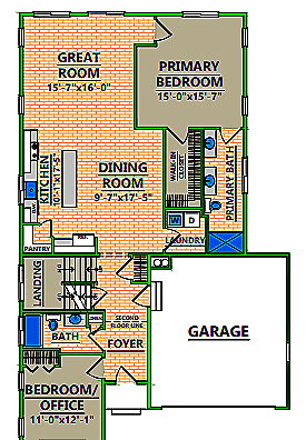 A floor plan of a house with a two car garage