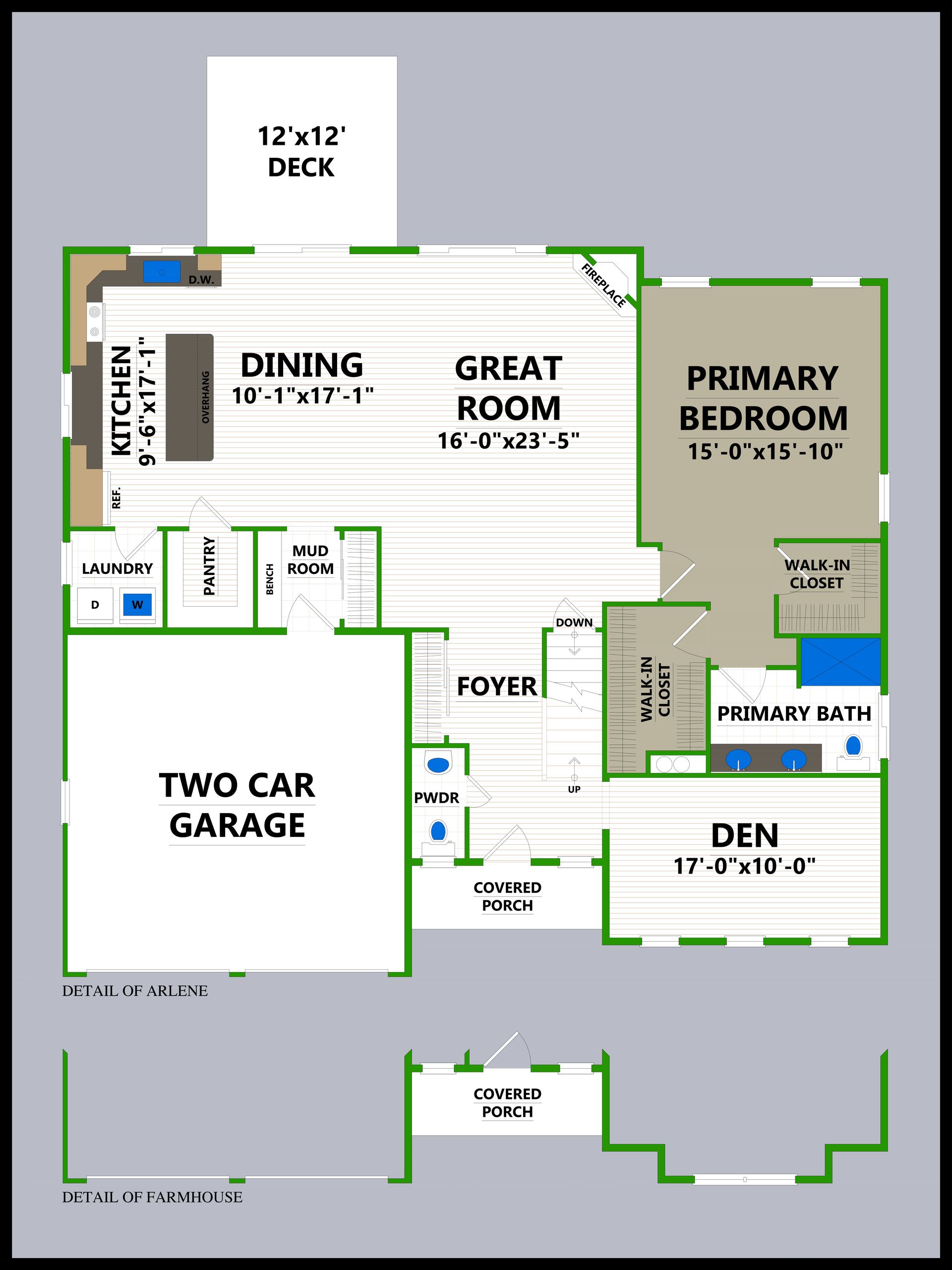 A floor plan of a house with a master bedroom and a great room