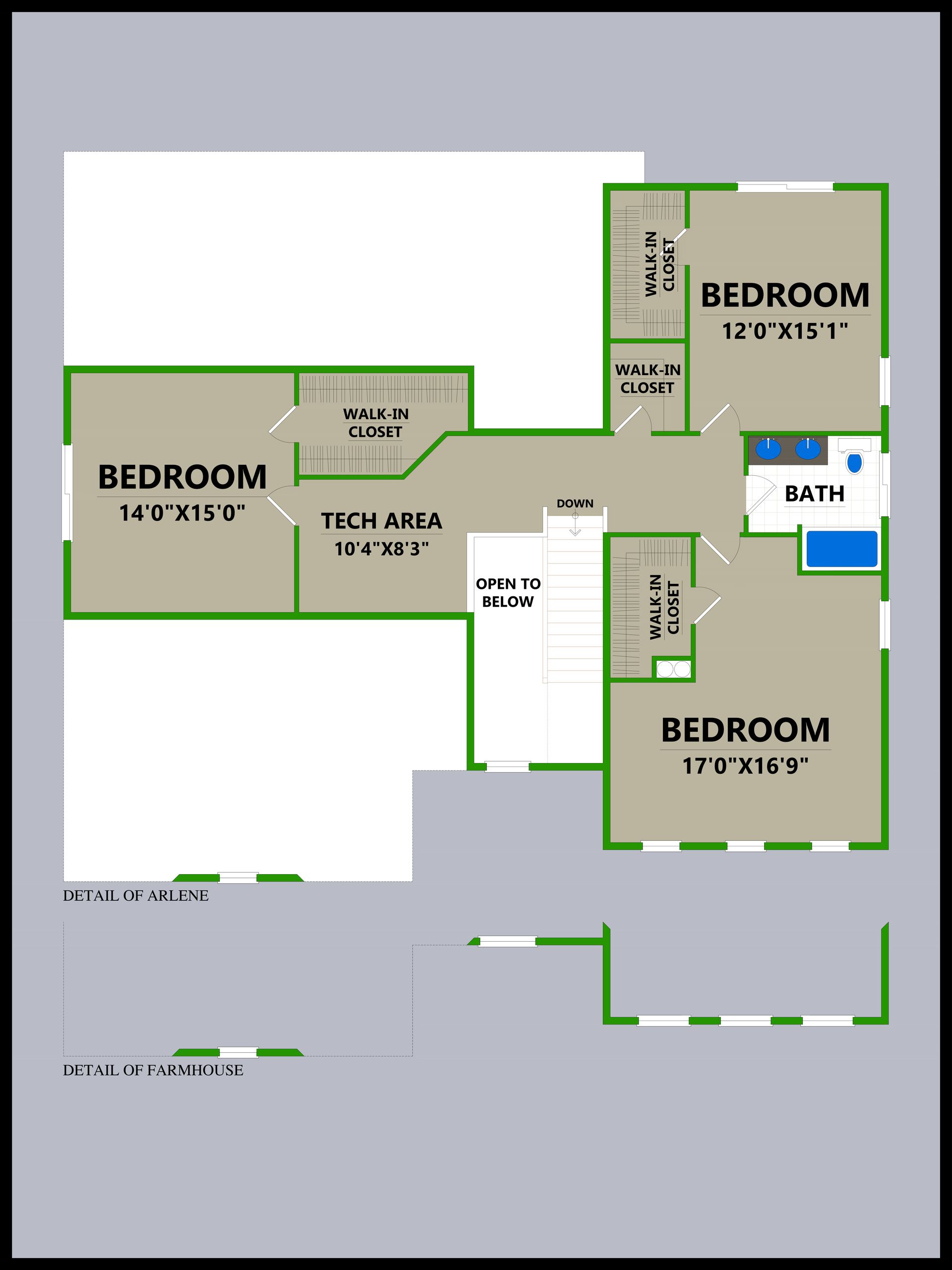 A floor plan of a house with bedrooms and a tech area