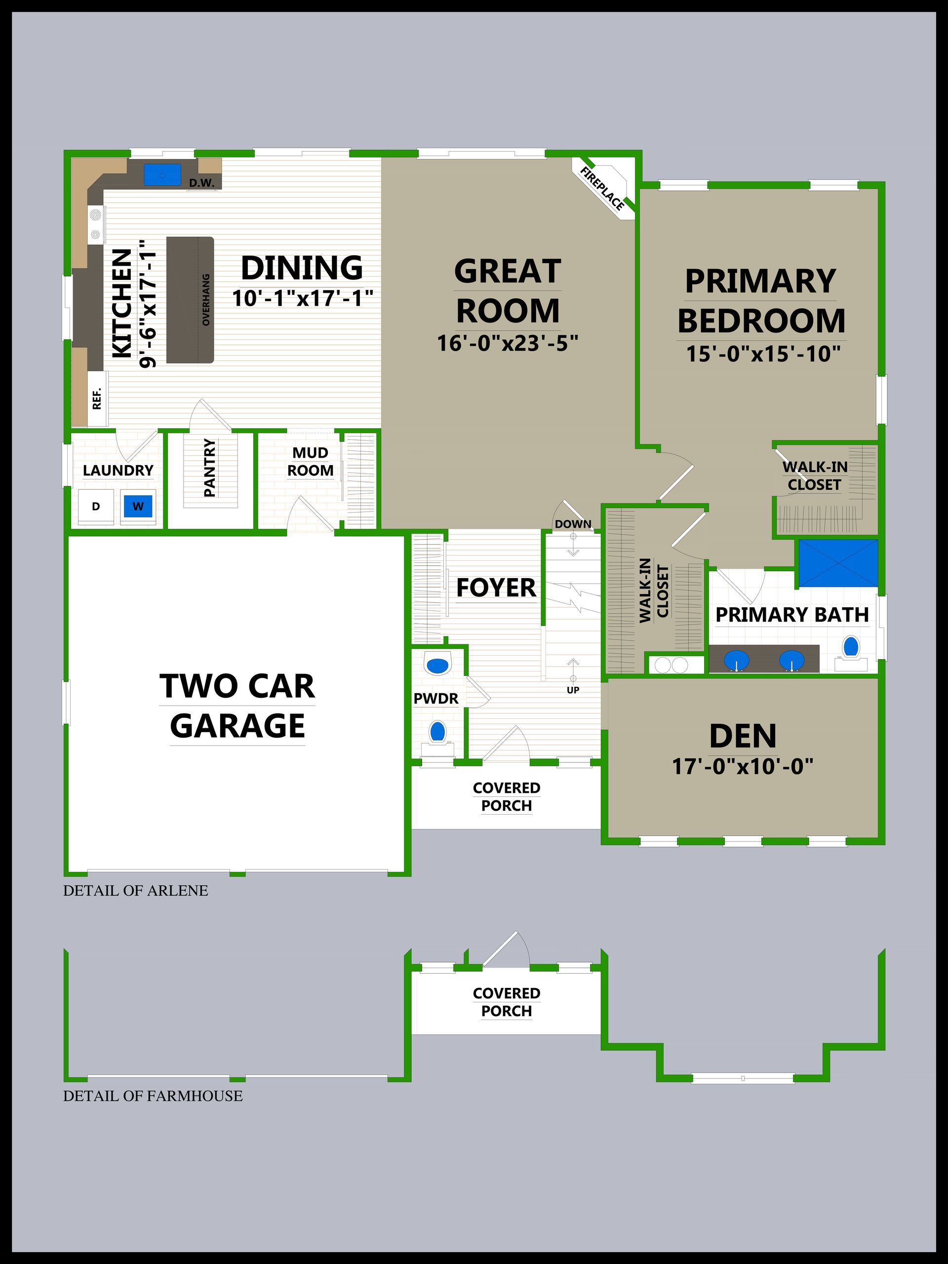 A floor plan of a house with a two car garage