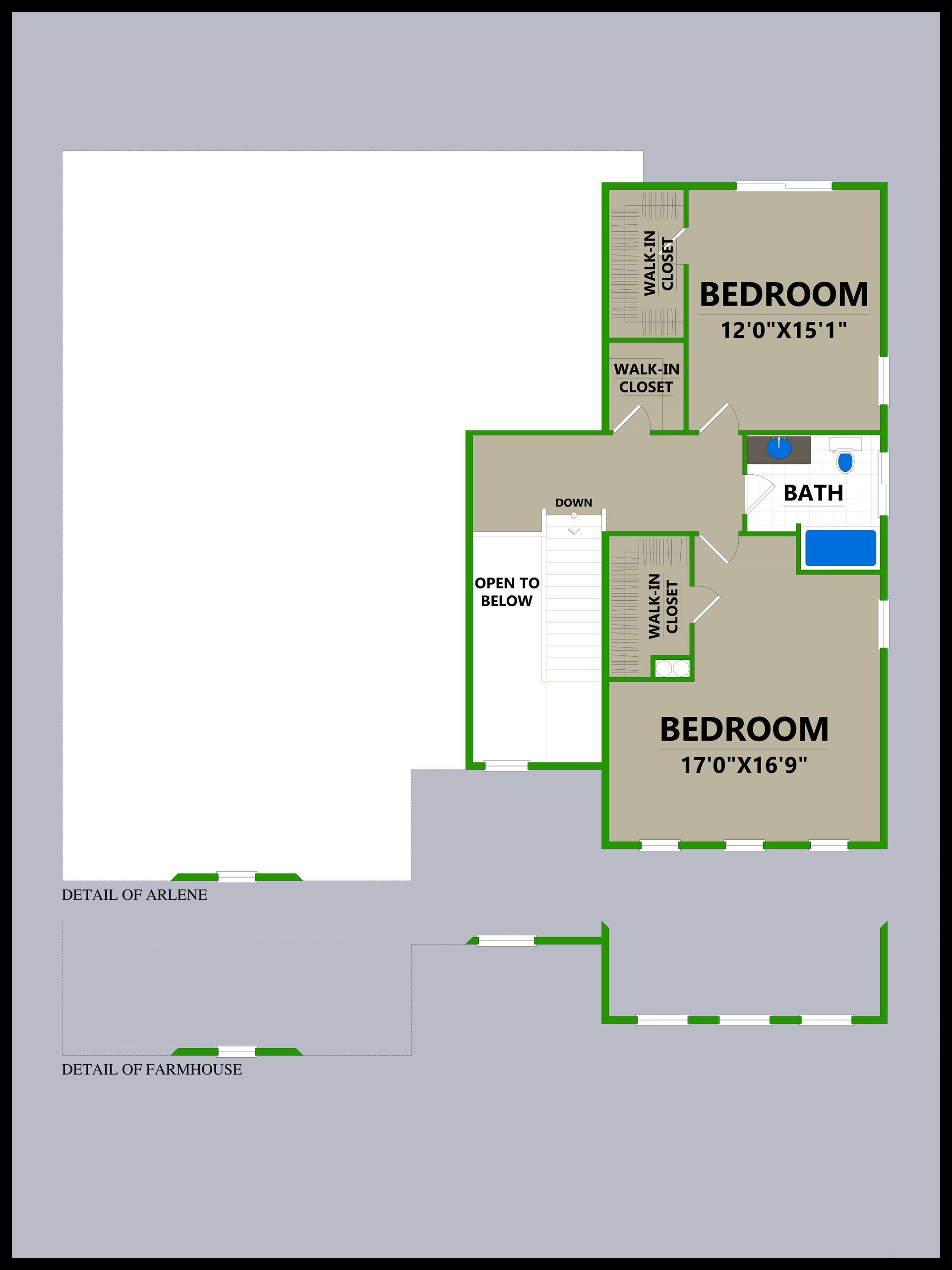 A floor plan of a house with two bedrooms and a bathroom.