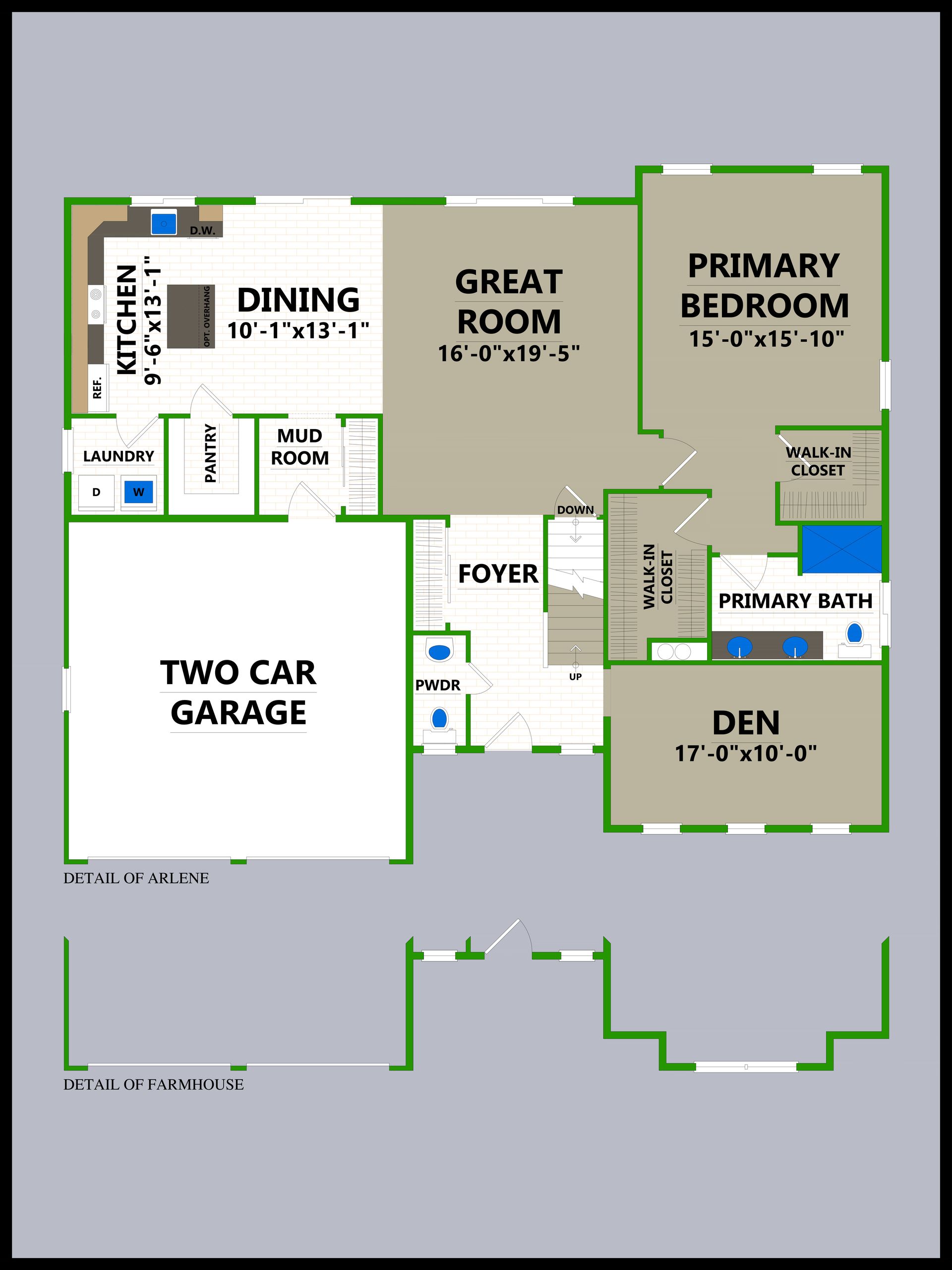 A floor plan of a house with a master bedroom , great room , dining room , kitchen and two car garage.