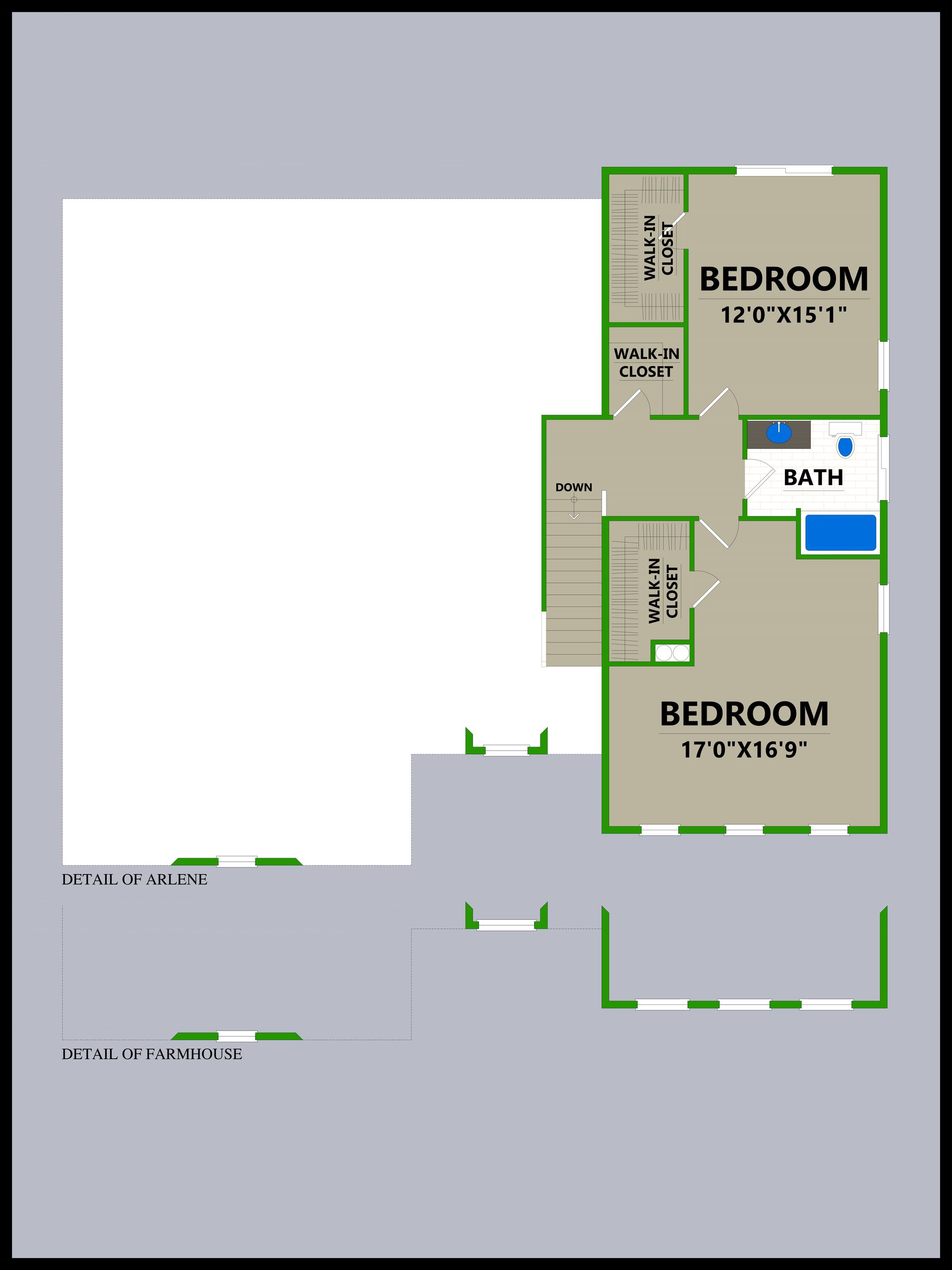 A floor plan of a house with two bedrooms and a bathroom.