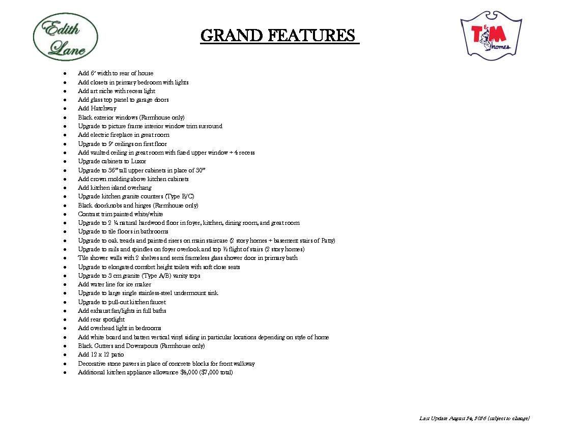 A white sheet of paper with a list of grand features on it.