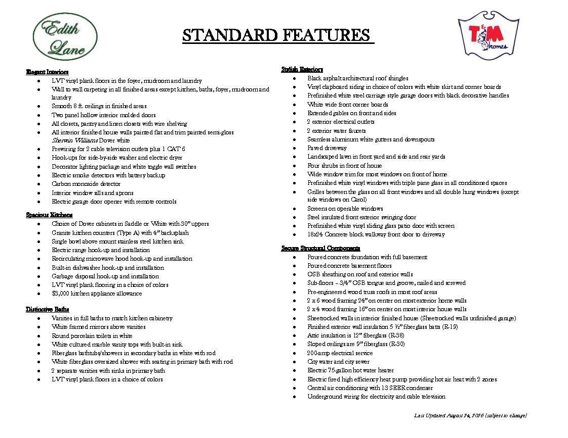 A sheet of paper with a list of standard features on it.