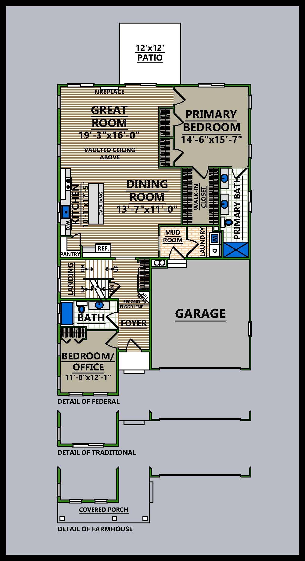A floor plan of a house with a two car garage