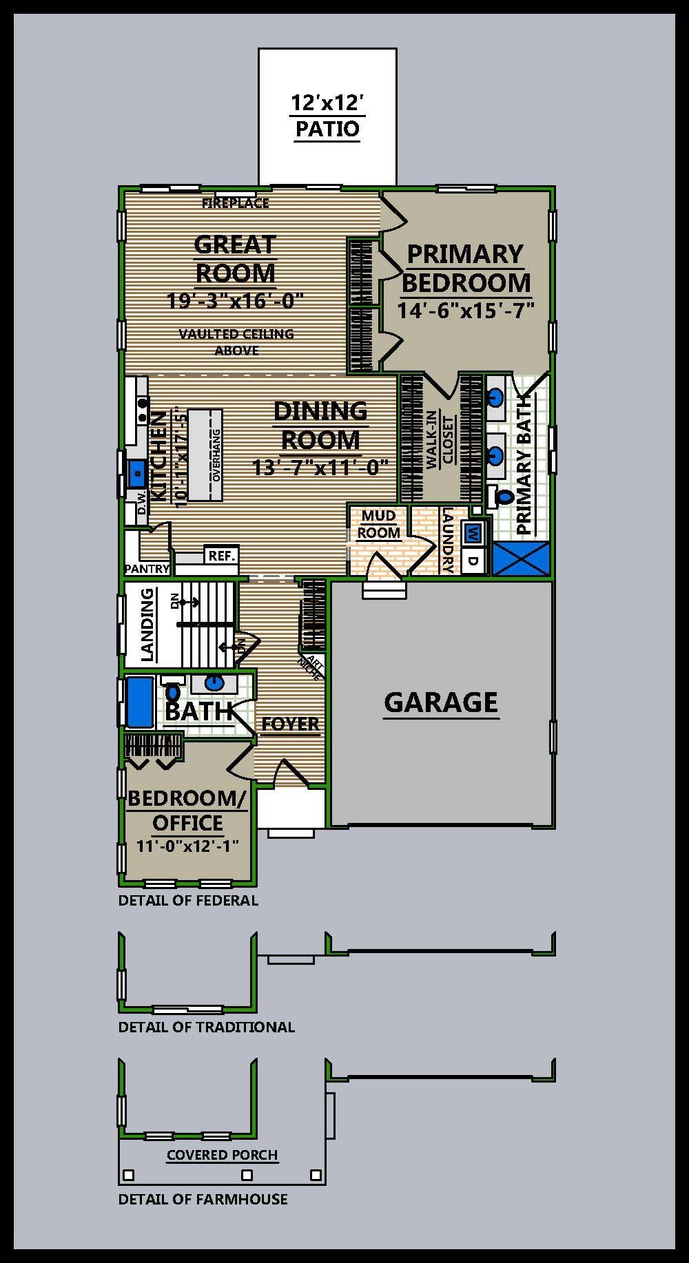 A floor plan of a house with a two car garage