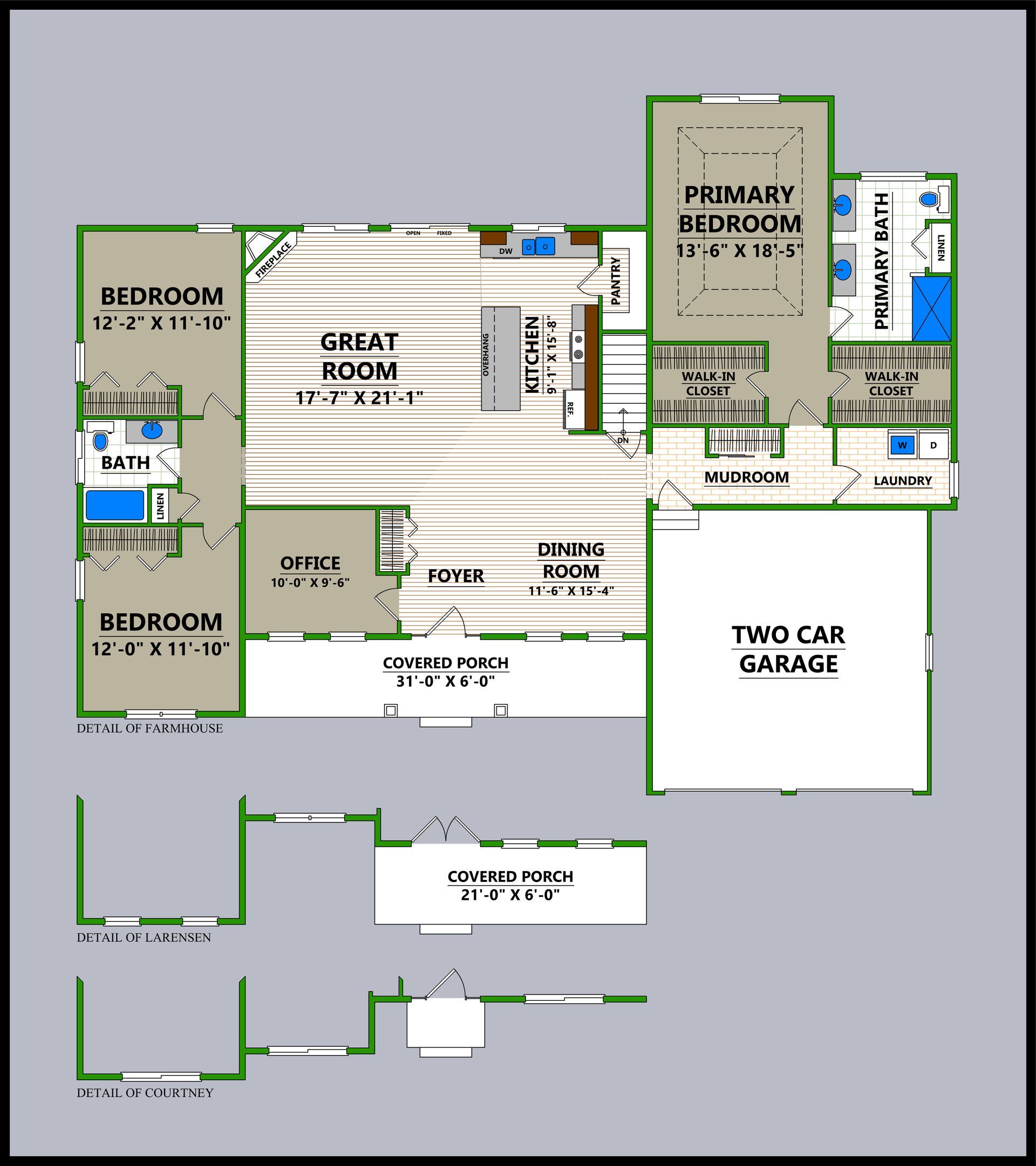 A floor plan of a house with a two car garage