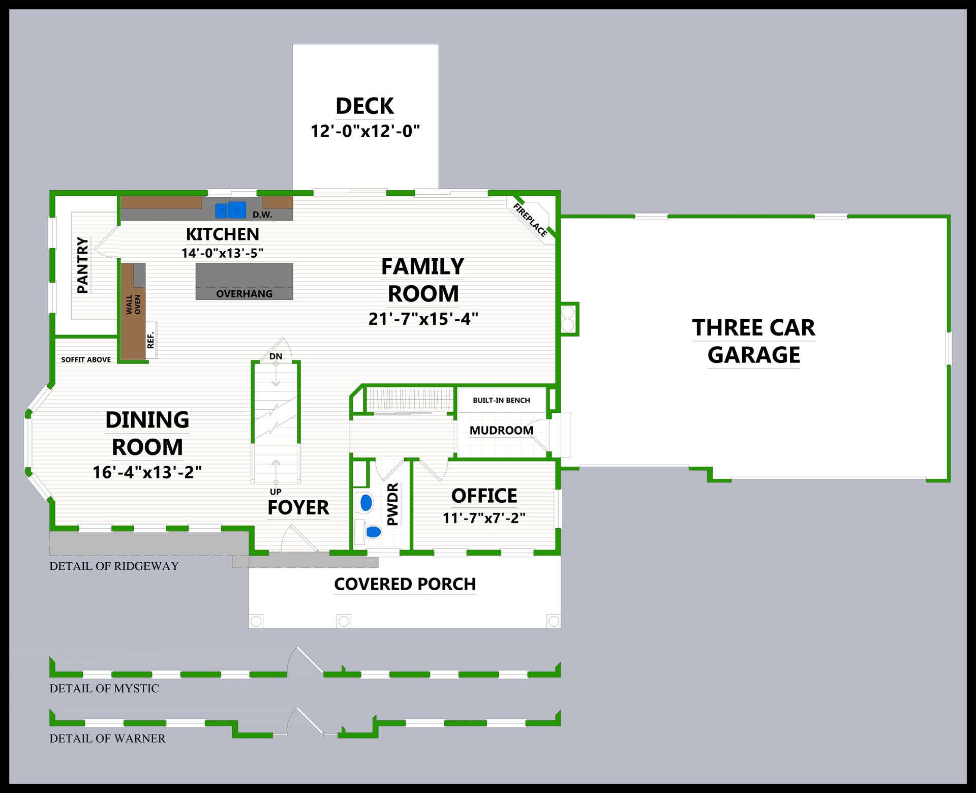 A floor plan of a house with a family room and two car garage