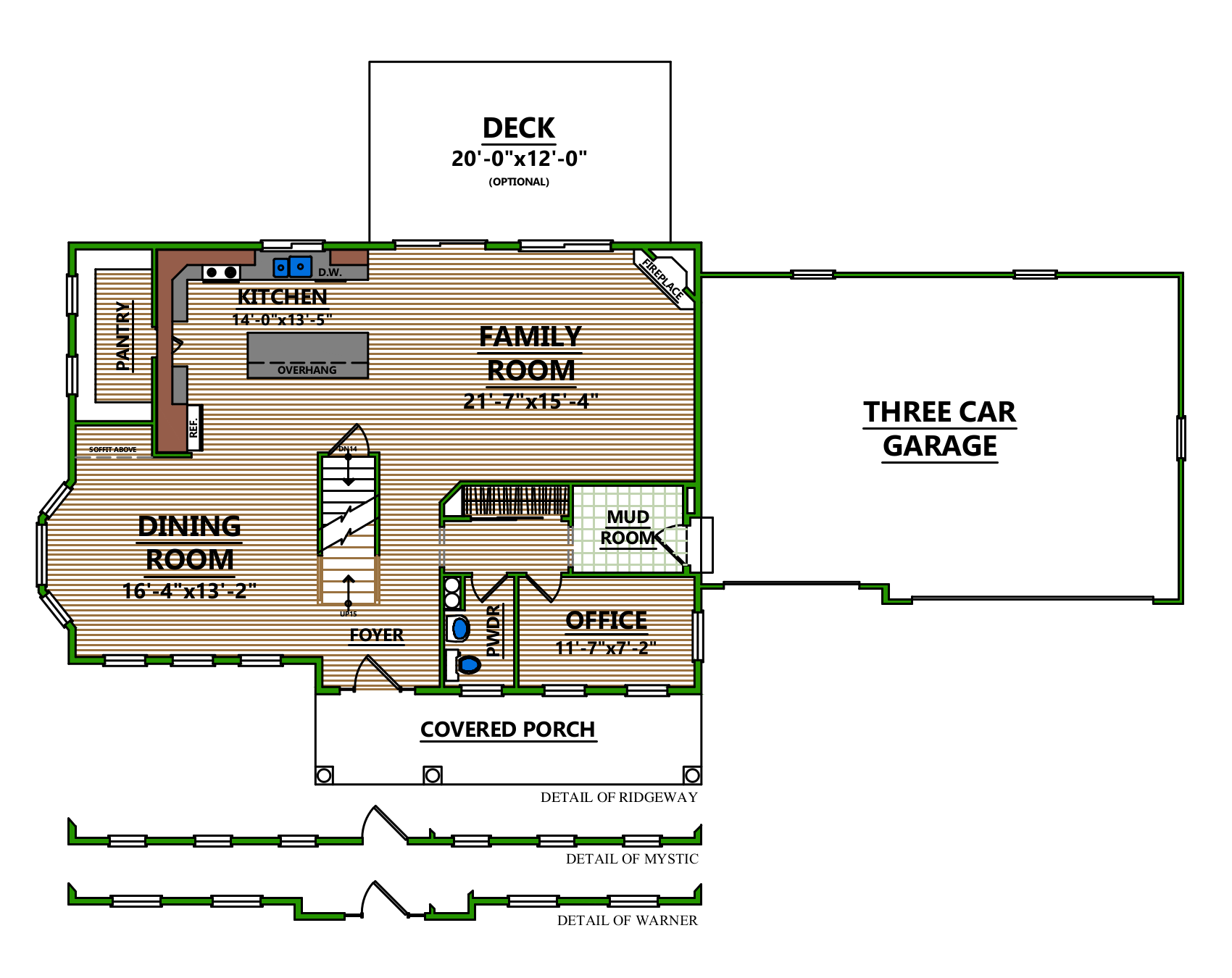 A floor plan of a house with a family room and two car garage