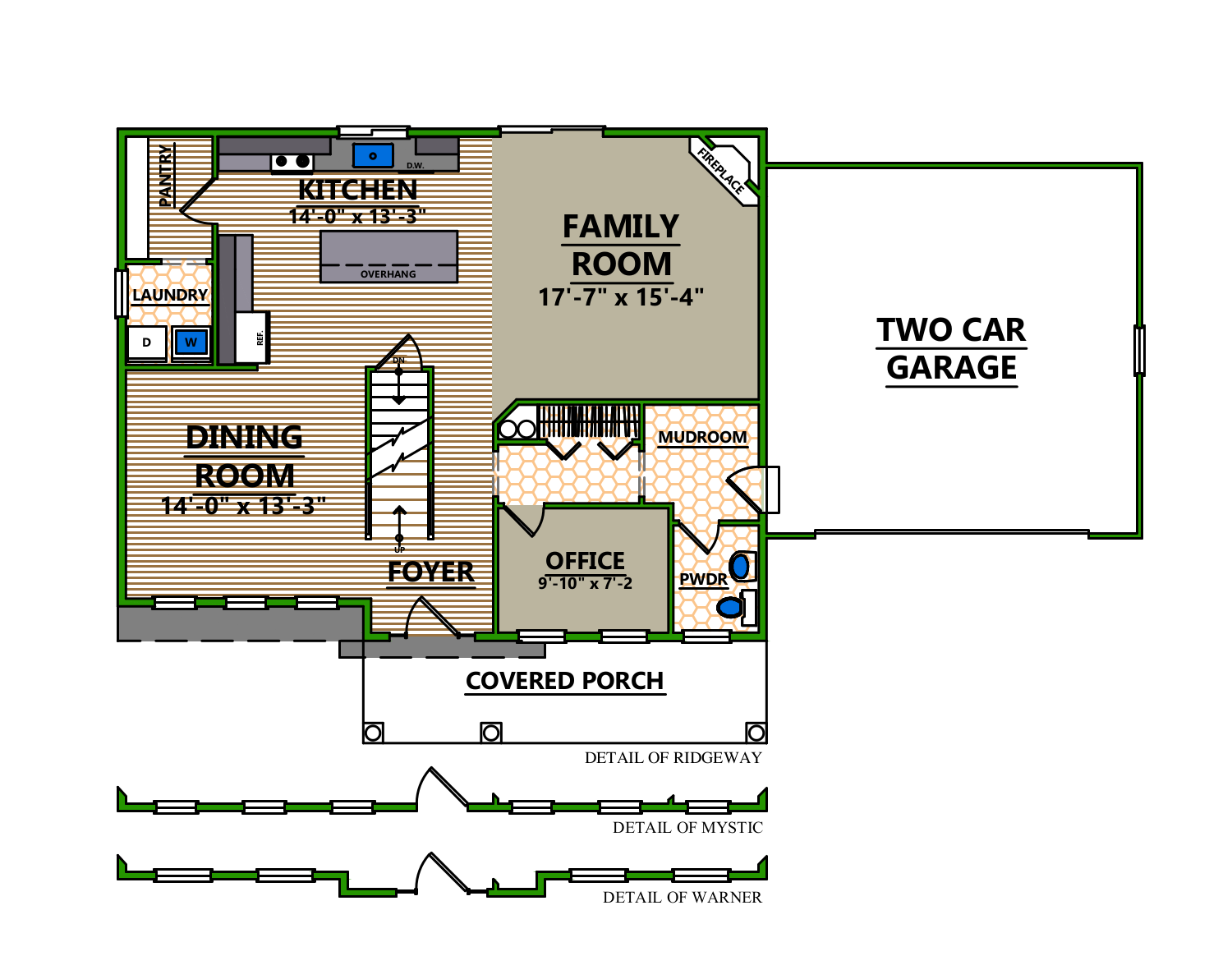 A floor plan of a house with a family room and two car garage