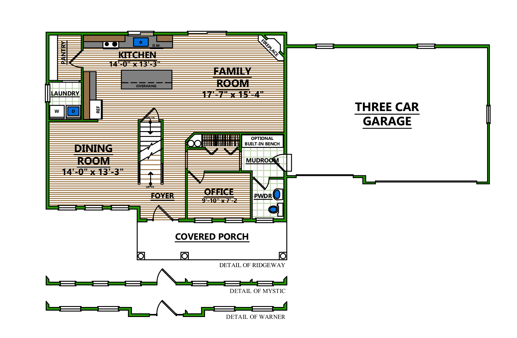 A floor plan of a house with a family room and two car garage