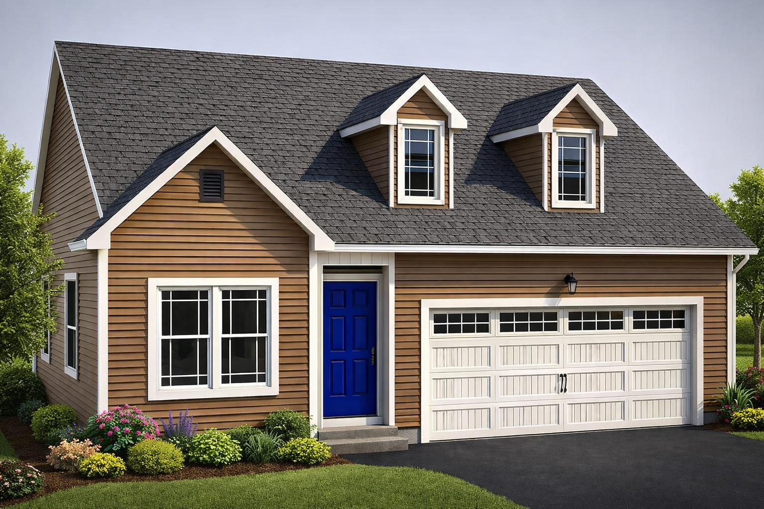 A drawing of a house with a red door and garage.