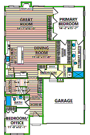 A floor plan of a house with a family room and two car garage