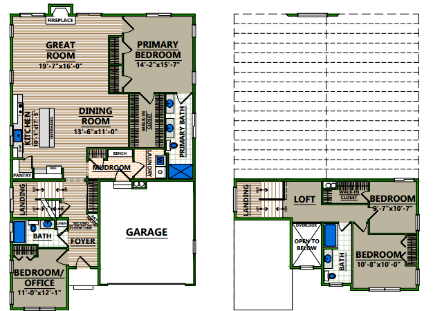 A floor plan of a house with a family room and two car garage