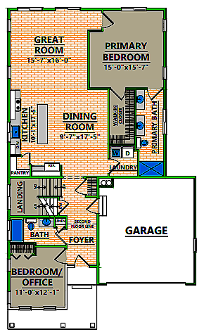 A floor plan of a house with a two car garage