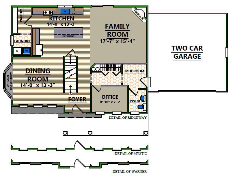 A floor plan of a house with a family room and two car garage
