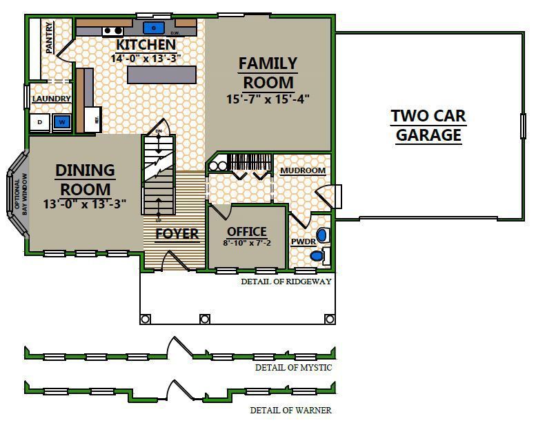 A floor plan of a house with a family room and two car garage