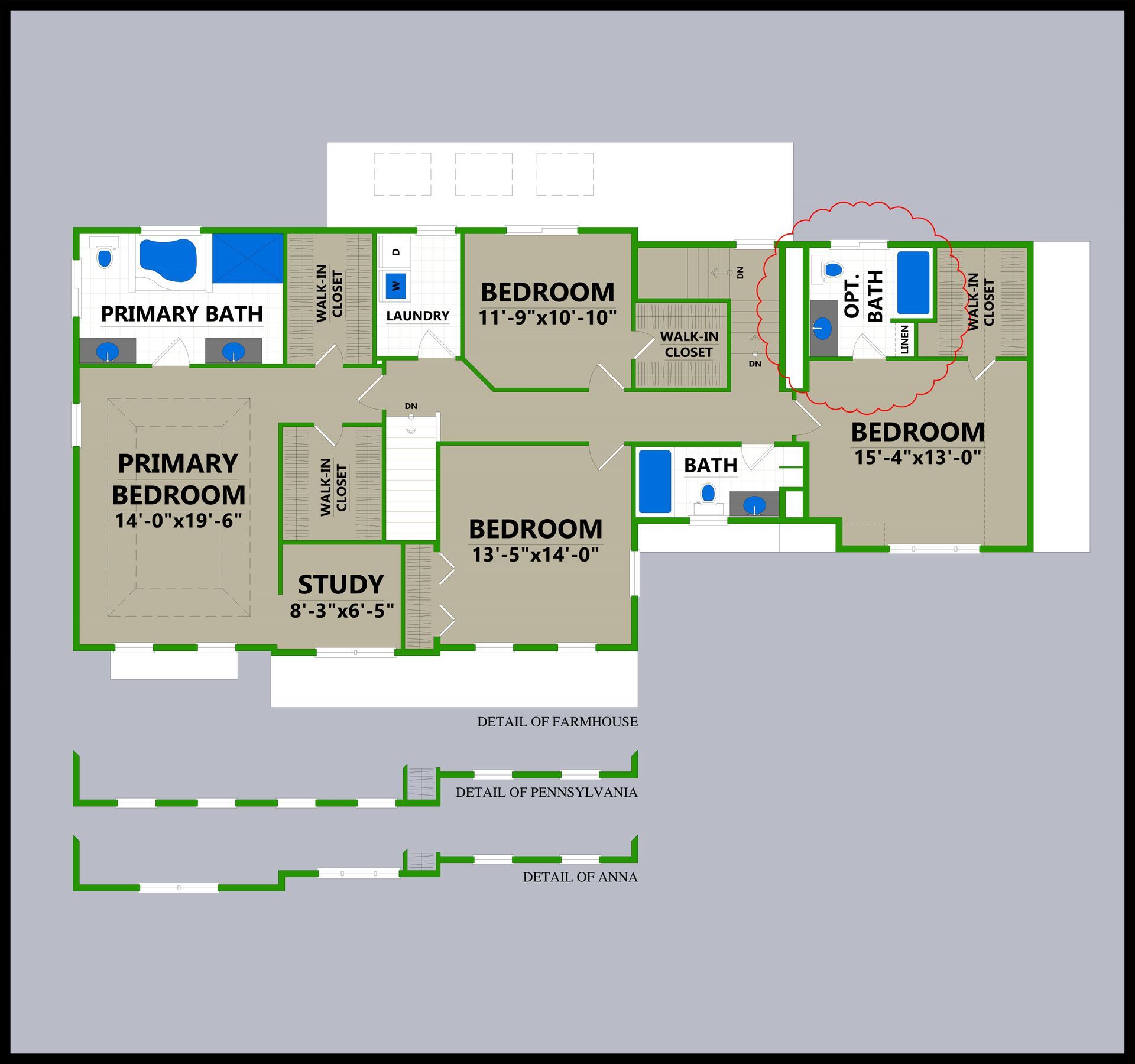 A floor plan of a house with bedrooms and bathrooms