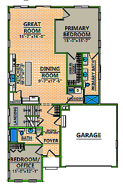 A floor plan of a house with a master bedroom , great room , dining room , kitchen and two car garage.