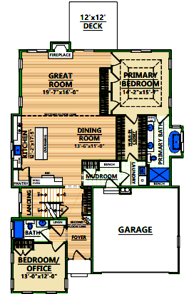 A floor plan of a house with a master bedroom and a great room