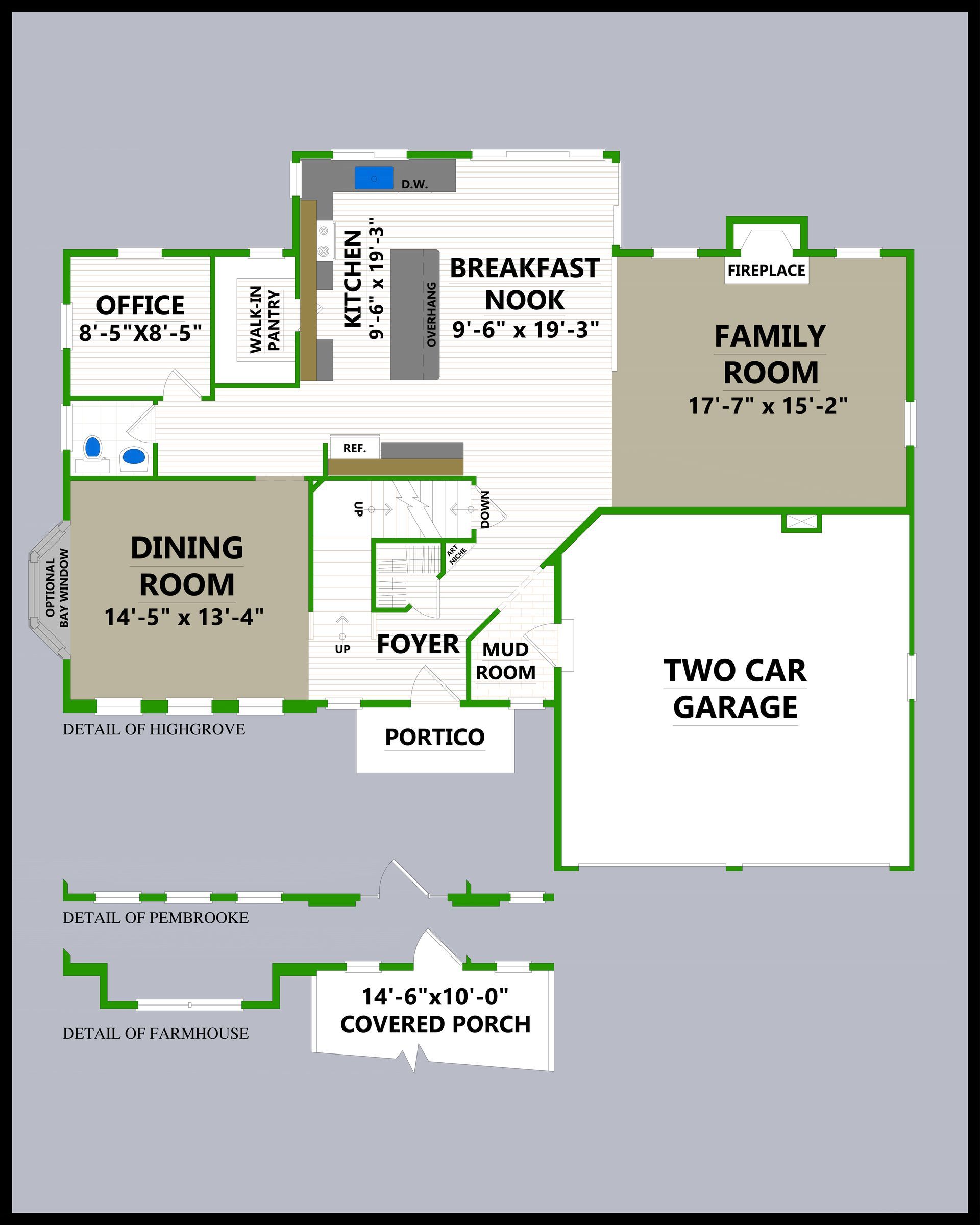 A floor plan of a house with a family room and two car garage
