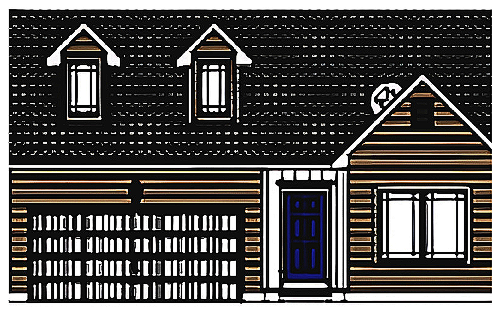 A black and white drawing of a house with a garage and a front elevation.