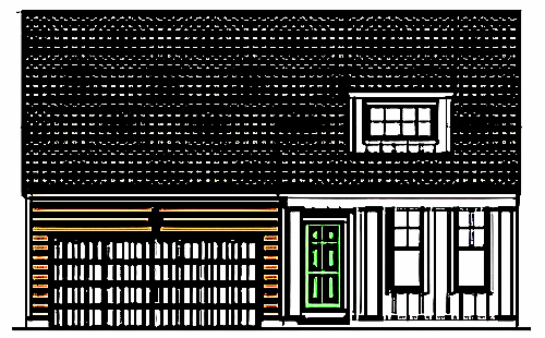 An artist 's impression of a large house with a red door