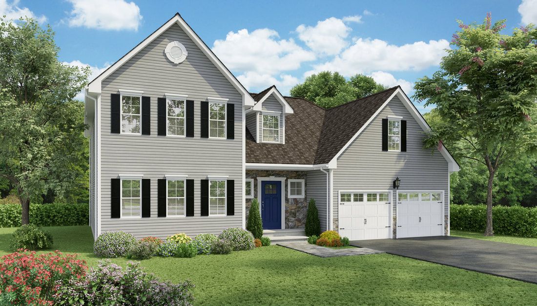 An artist 's impression of a house with a blue door and black shutters.