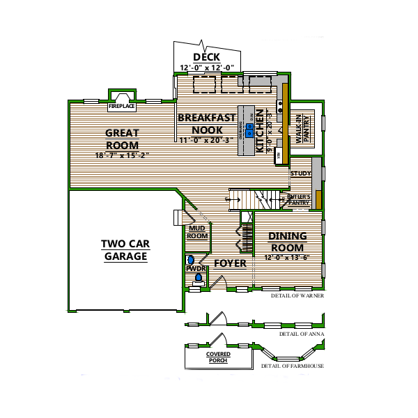 A floor plan of a house with a great room and a two car garage
