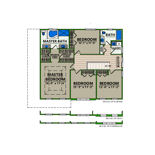 A floor plan of a house with three bedrooms and a master bath