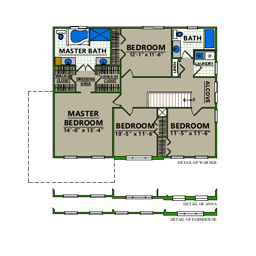 A floor plan of a house with two bedrooms and a master bath