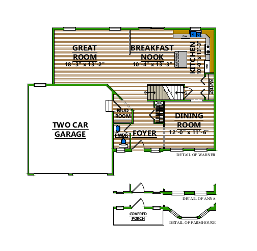 A floor plan of a house with a two car garage.