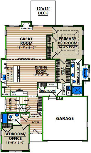 A floor plan of a house with a two car garage
