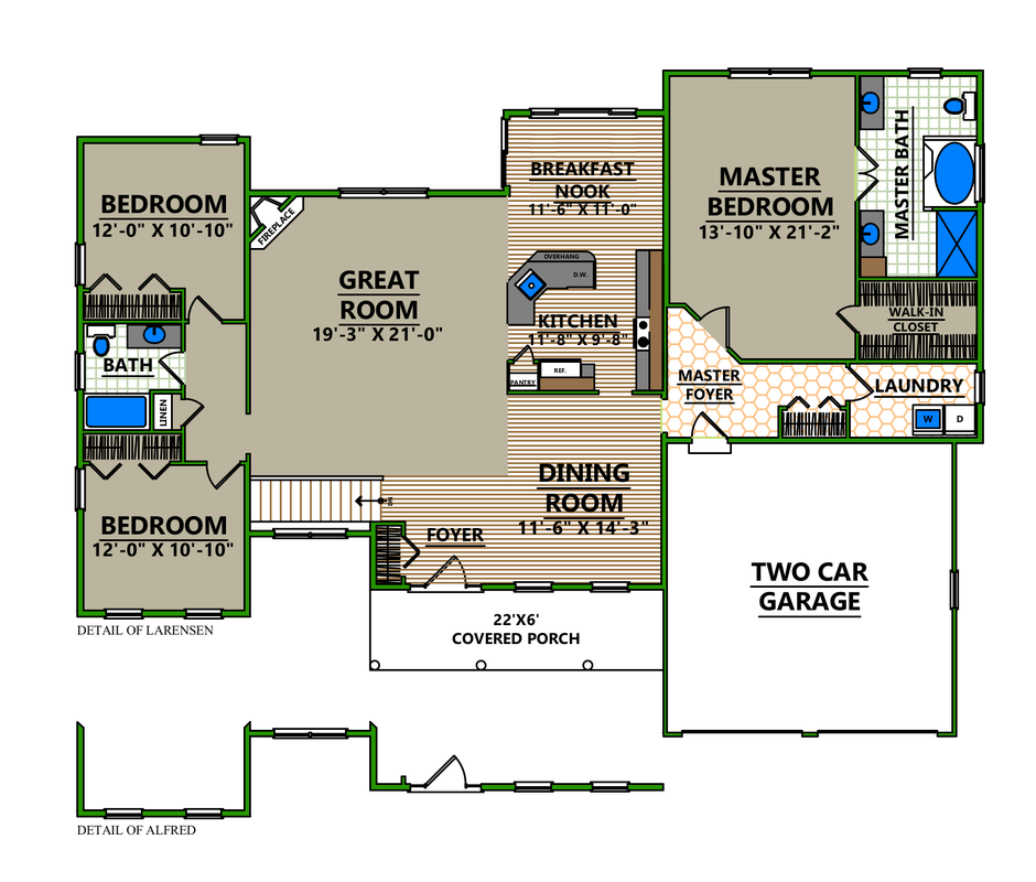A floor plan of a house with a two car garage